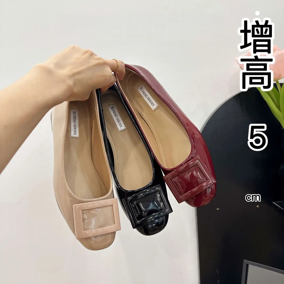 羊皮版～5cm增高经典方扣浅口气质单鞋女通勤软漆皮一蹬软底平底鞋