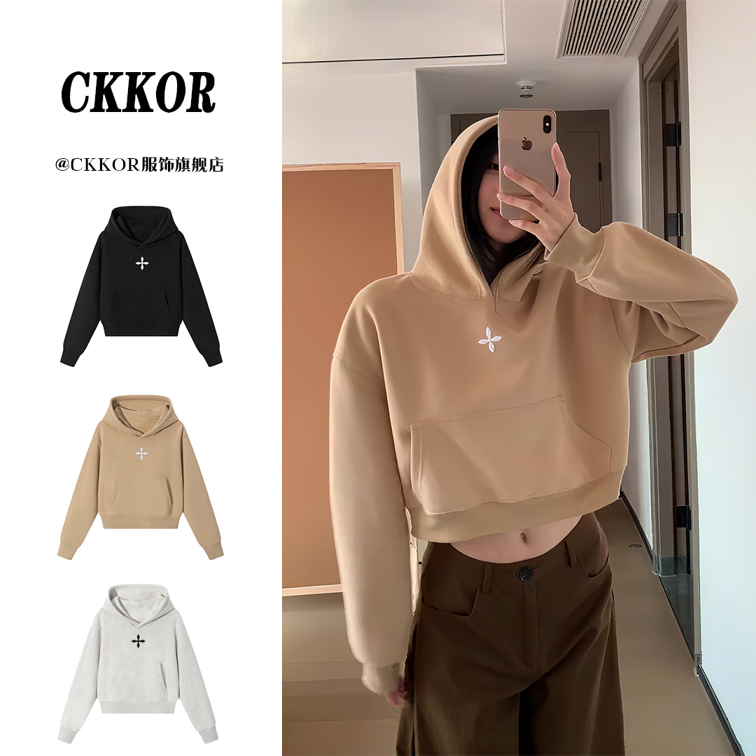 CKKOR秋季新款慵懒风连帽卫衣女美式潮牌设计感修身显瘦短款外套