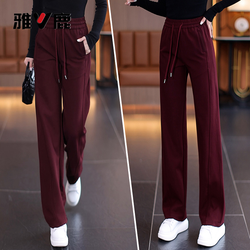 雅鹿酒红色阔腿裤女2025年秋季新款抽绳松紧腰宽松窄版休闲直筒裤