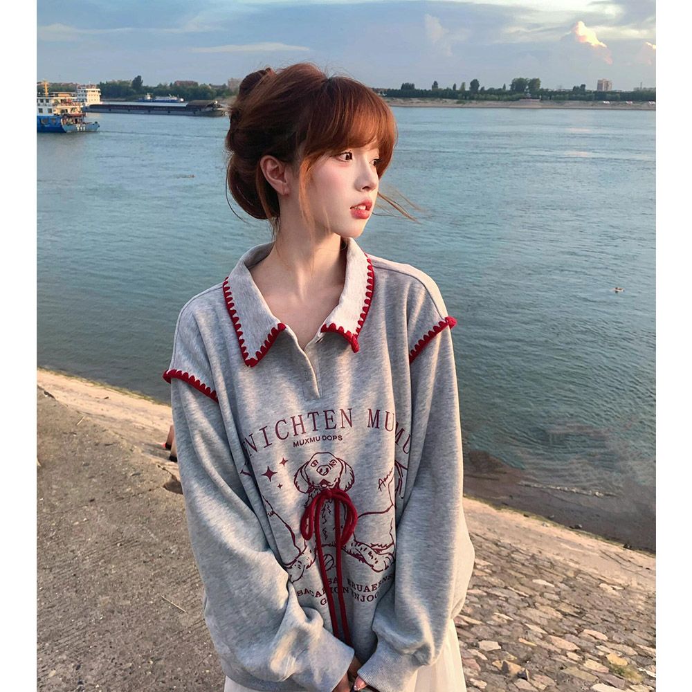 美式学院风复古小狗拼接polo领卫衣女宽松百搭小众设计感加绒上衣