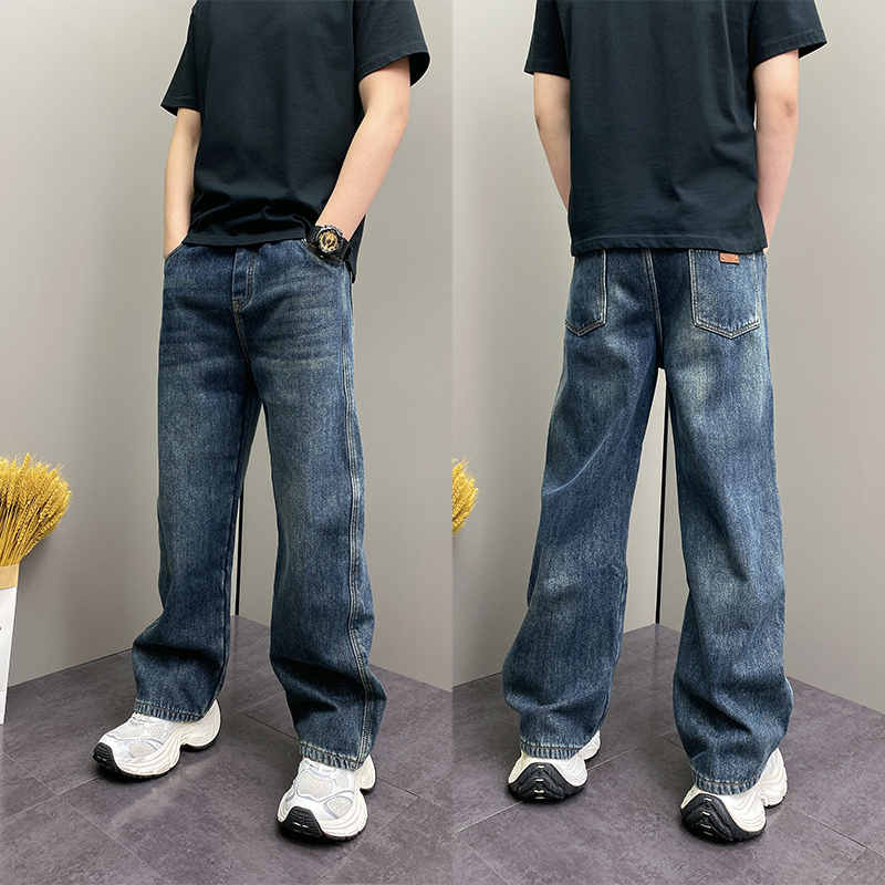 秋冬男士宽松痞帅直筒阔腿休闲裤水洗潮流痞帅加绒加厚复古牛仔裤