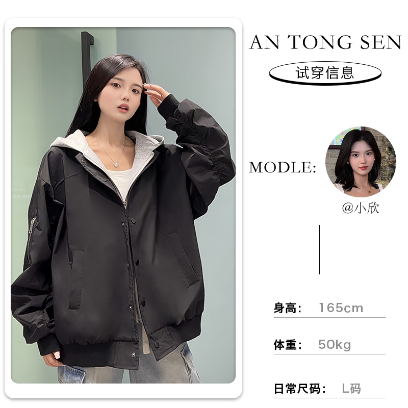 【小欣定制】设计假两件时尚百搭美式连帽宽松开衫拉链外套8982
