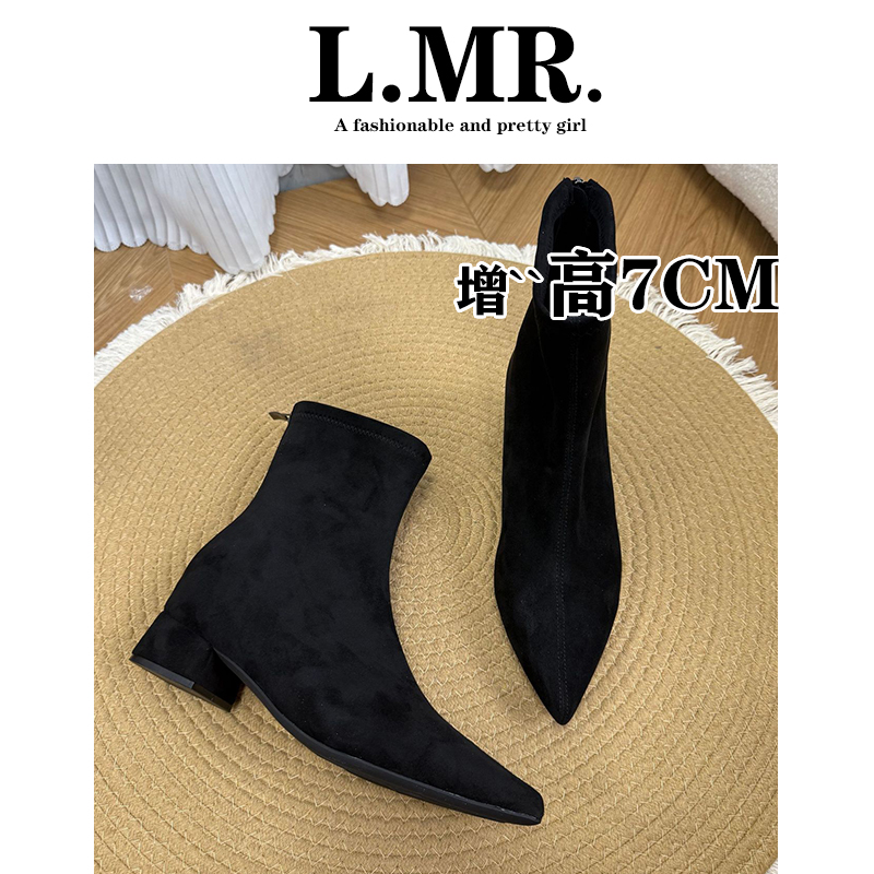 尖头短靴女粗跟百搭仙女2025新款小个子增高瘦瘦靴软皮中跟马丁靴