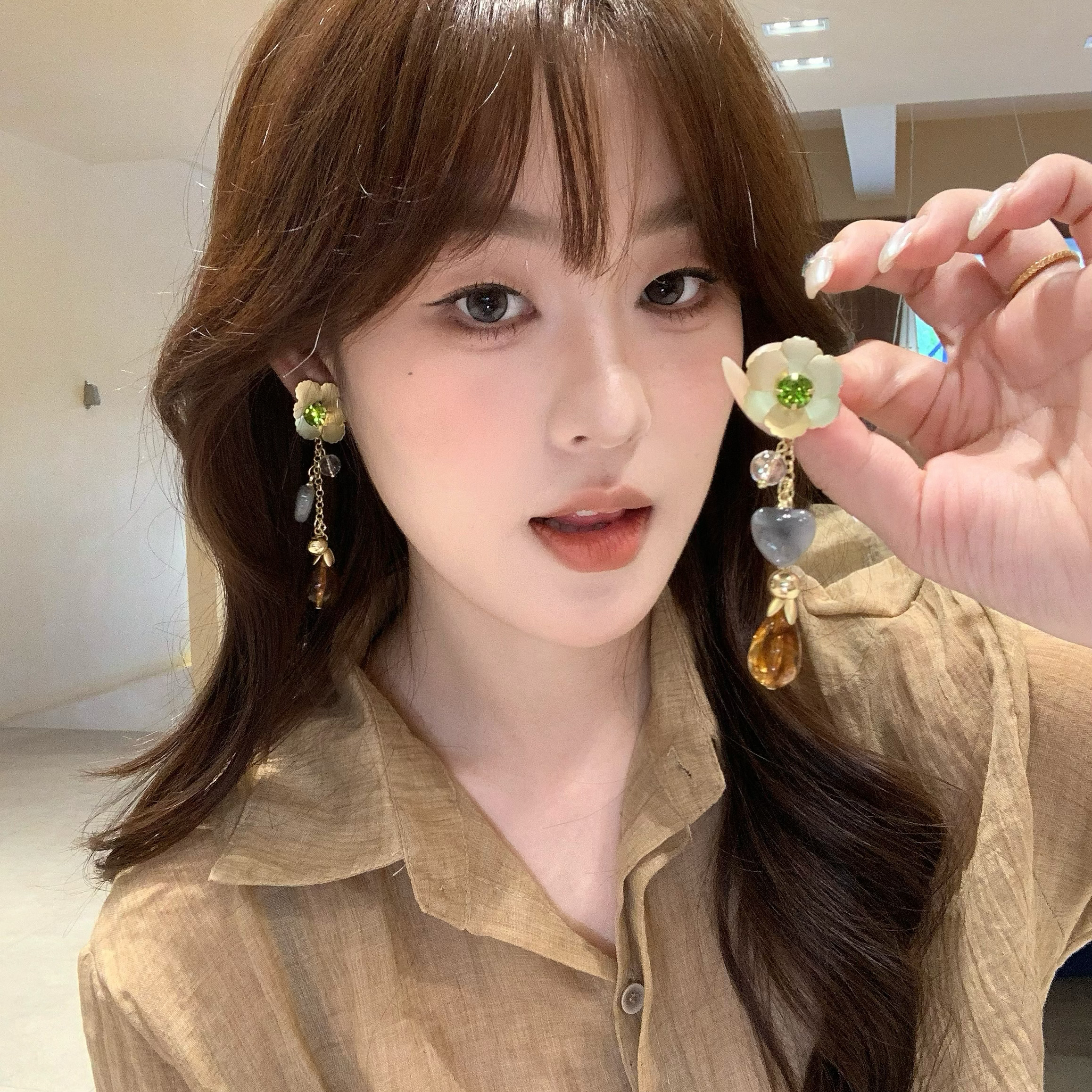 合金锆石耳饰 秋季花朵流苏耳钉女复古港风美拉德耳环轻奢耳饰