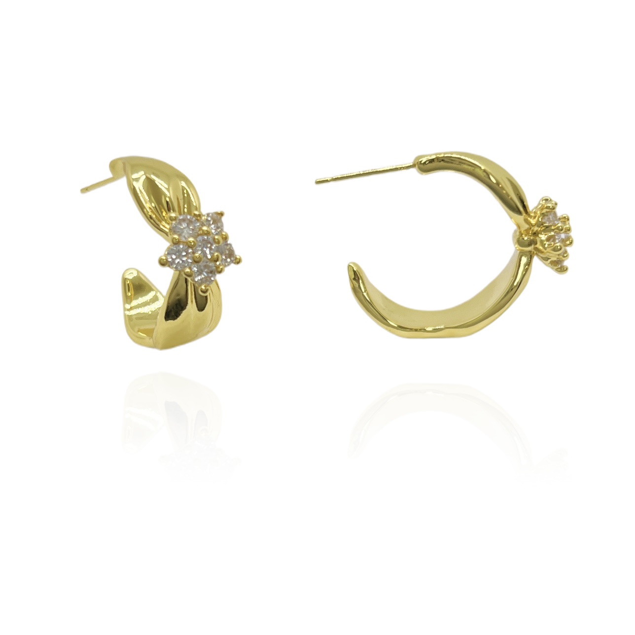 铜合金锆石耳饰 金色复古C形镶嵌锆石花耳圈小众高级感耳环耳钉