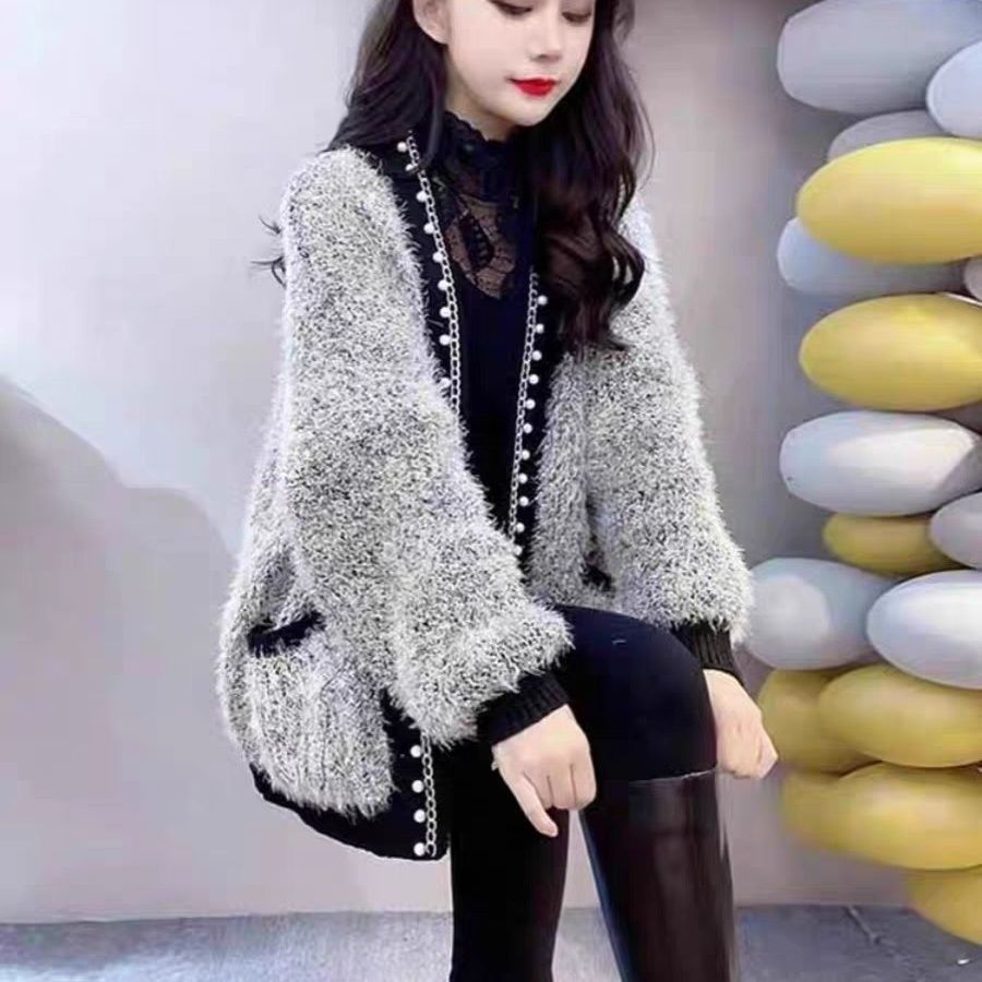 灰色小香风开衫2025秋冬新款亮丝水貂绒毛衣女宽松慵懒风针织外套