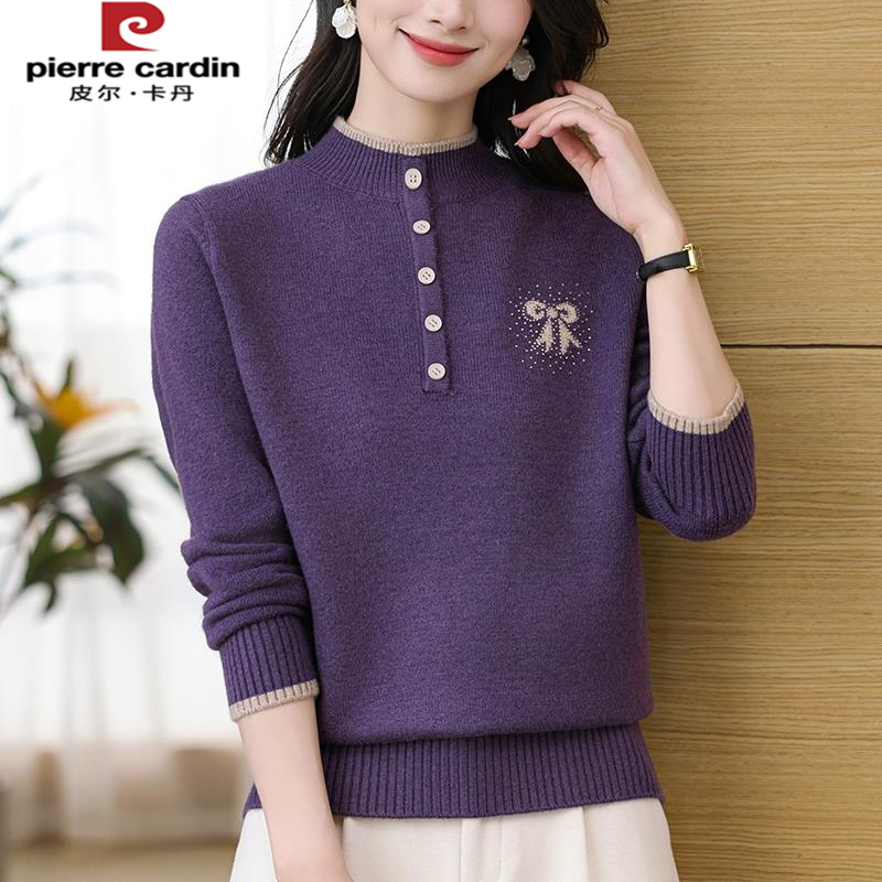 皮尔卡丹胖妈妈秋冬半高领针织羊毛衫上衣女宽松大尺码毛衣遮