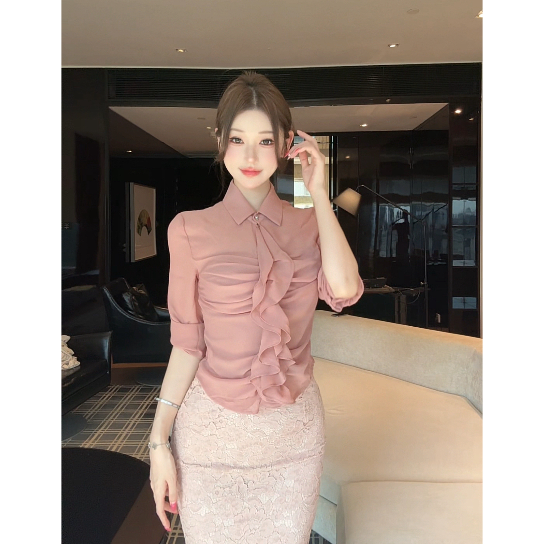 希野逸儿/性感微透胸前一片式立裁收腰不勒腰多色衬衣2025新款