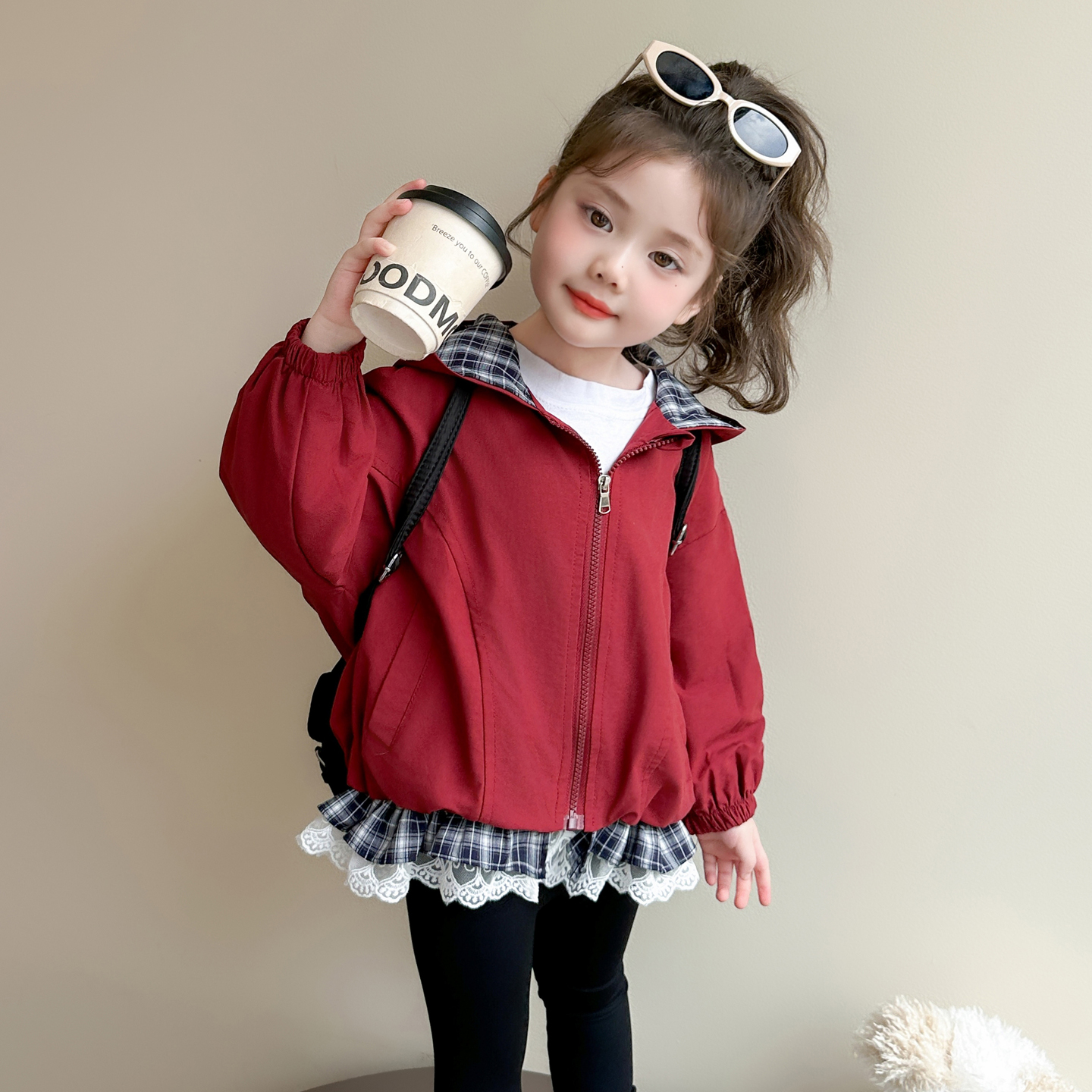 女童早秋新款外套儿童学院风拼接格子风衣女宝宝韩系穿搭夹克上衣