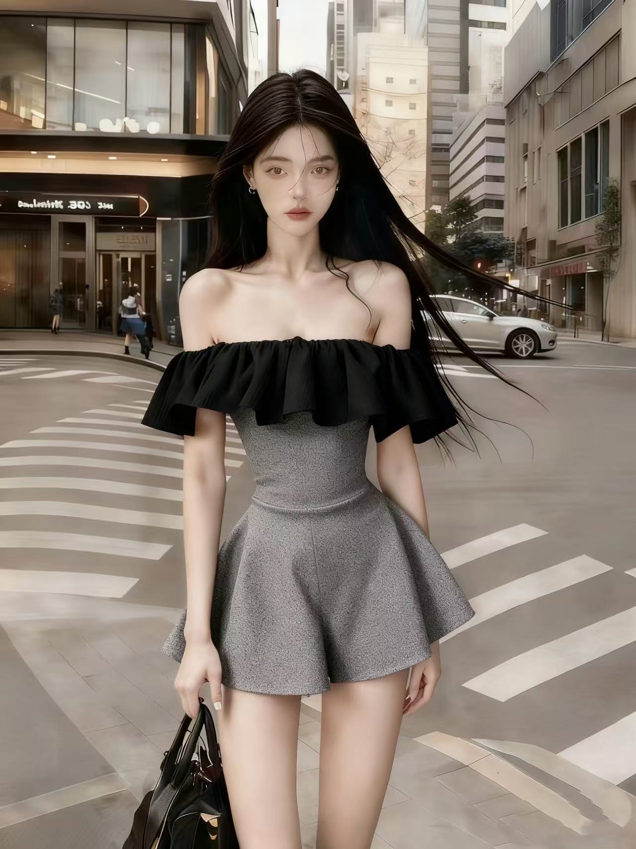 韩版静奢气质名媛纯欲辣妹风灰黑撞色一字肩露肩抹胸收腰小众裤裙