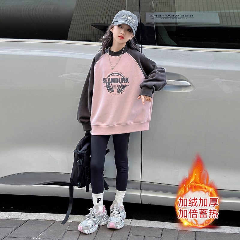 女童加绒卫衣秋冬2025新款中大童洋气时髦宽松儿童一体绒加厚上衣