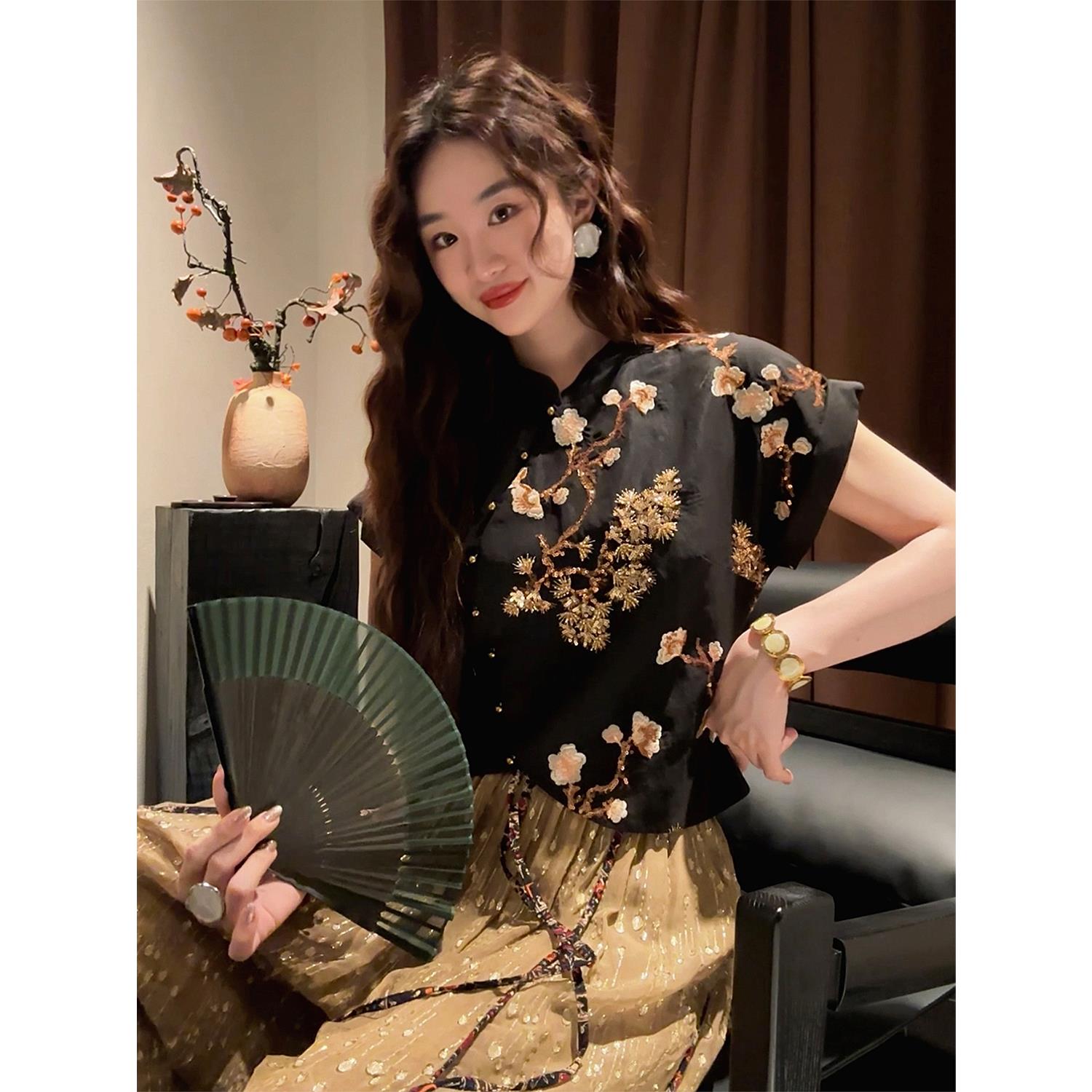三吉黑花「7/25晚8点新品95折【花卧酒】双针定位珠管珠片绣旗袍