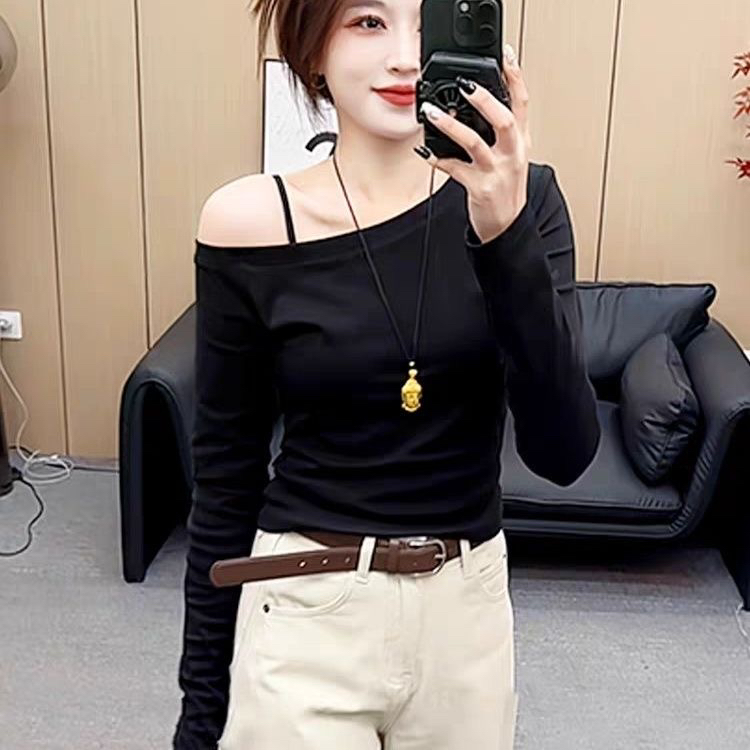 早春斜肩长袖t恤打底衫女2025新款爆款辣妹修身百搭露肩上衣外穿