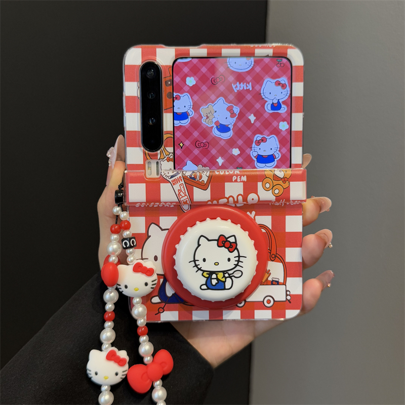 适用华为purax折叠屏手机壳红白格子kt猫pocket2饮料瓶盖磁吸支架