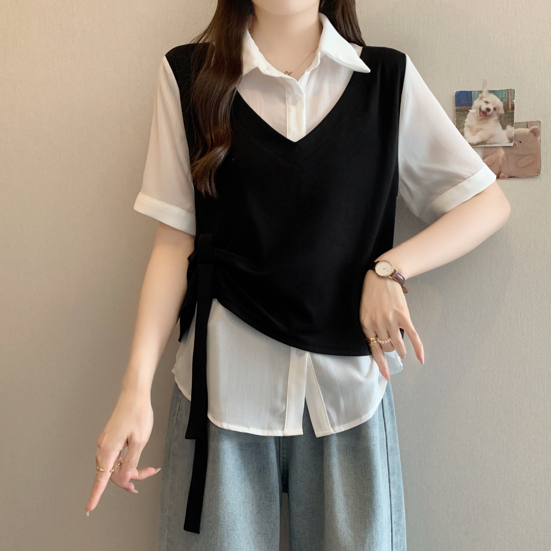 2025夏季新款胖mm大码拼接假两件正肩短袖T恤设计感飘带上衣64531