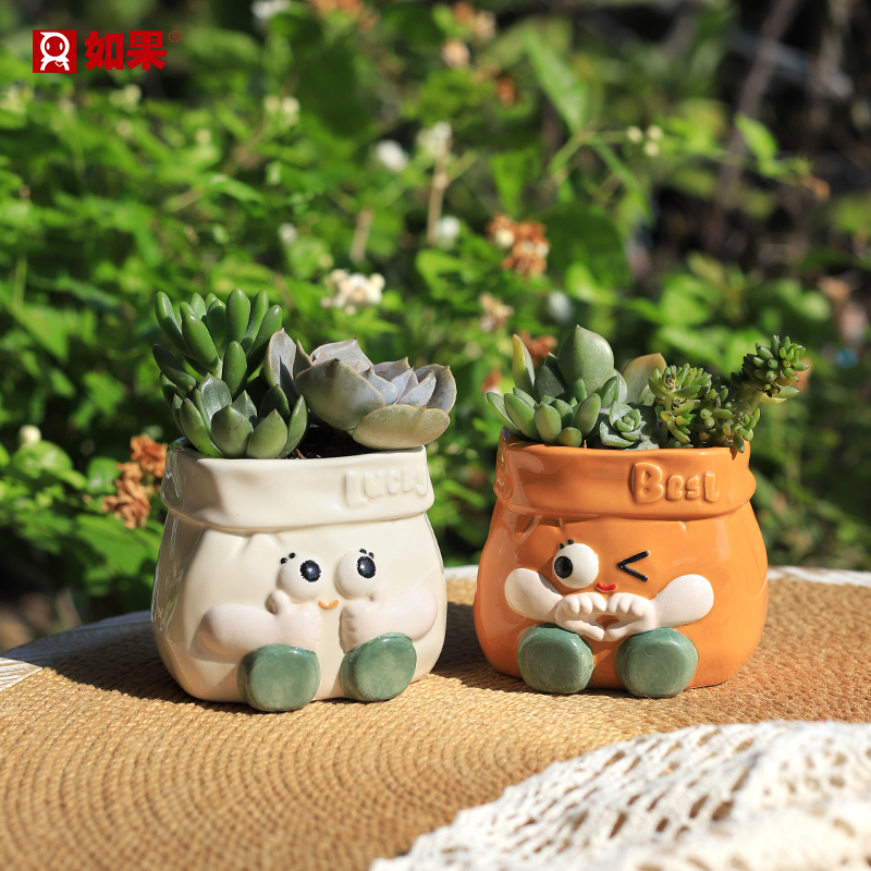 ROOGO/如果趣味纸袋多肉陶瓷花盆卡通可爱客厅阳台植物盆栽装饰品