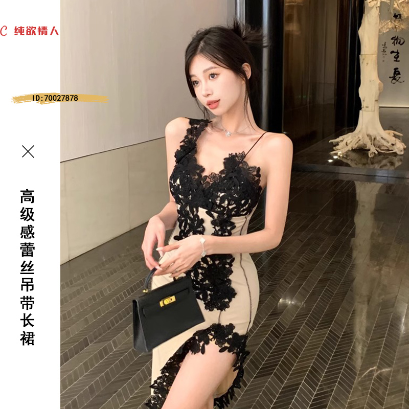 蕾丝拼接吊带连衣裙女夏季v领性感开叉长裙不规则风情万种的裙子