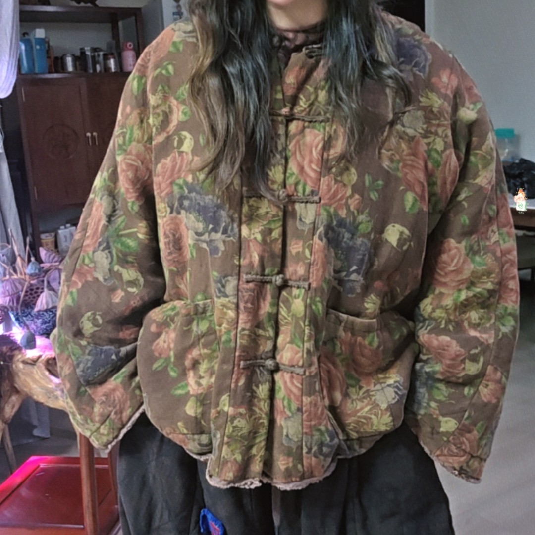 忆古朴拙亚麻咖花宽松短棉服