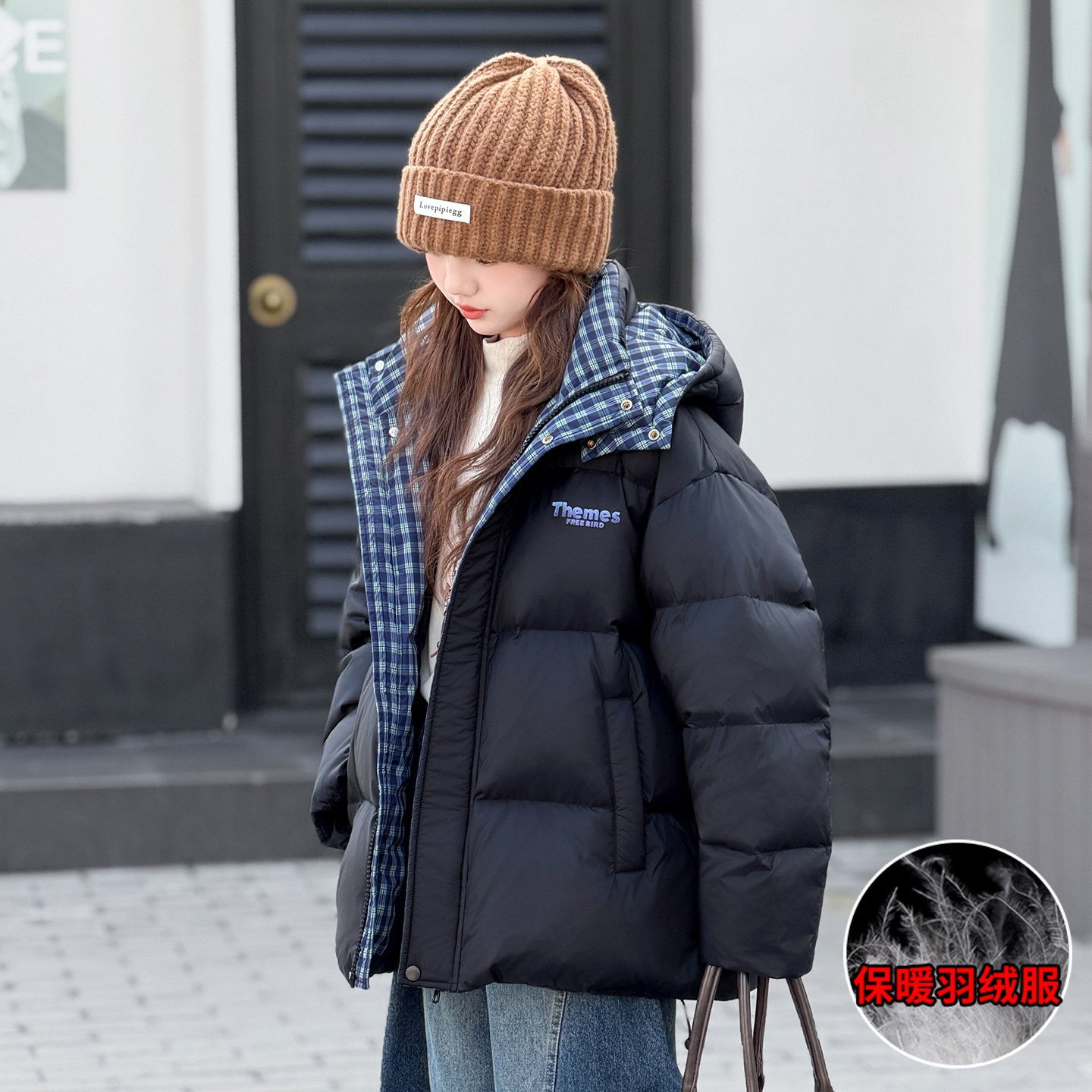 女童冬季白鸭绒短款连帽羽绒服外套2025新款洋气女大童冬装面包服