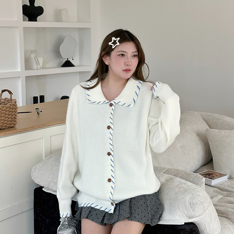 【丫丫专属】大码撞色翻领针织开衫秋冬慵懒宽松毛衣长袖外套8056