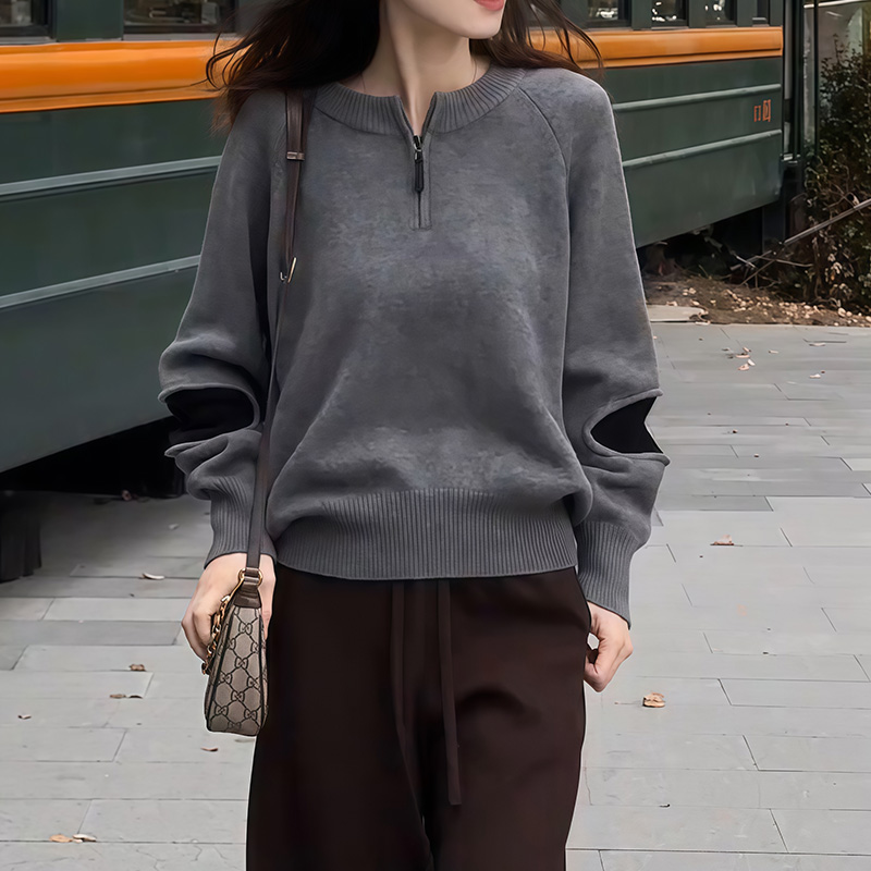 欧货时尚高级感圆领针织衫女秋季新款慵懒风宽松显瘦气质百搭上衣