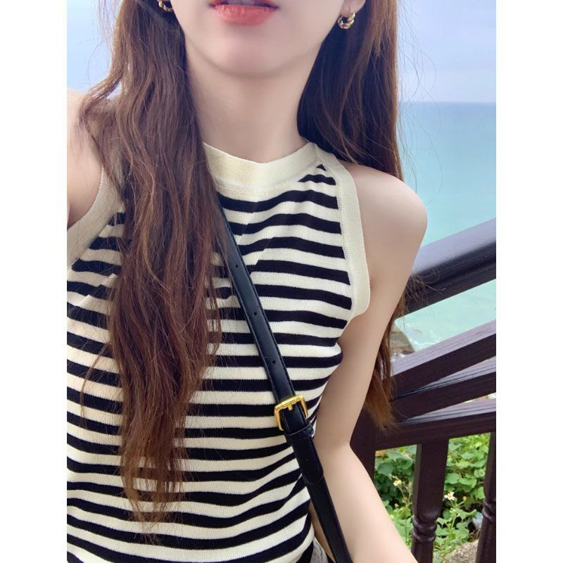 复古挂脖条纹针织吊带冰丝小背心女夏季内搭修身显瘦外穿无袖上衣