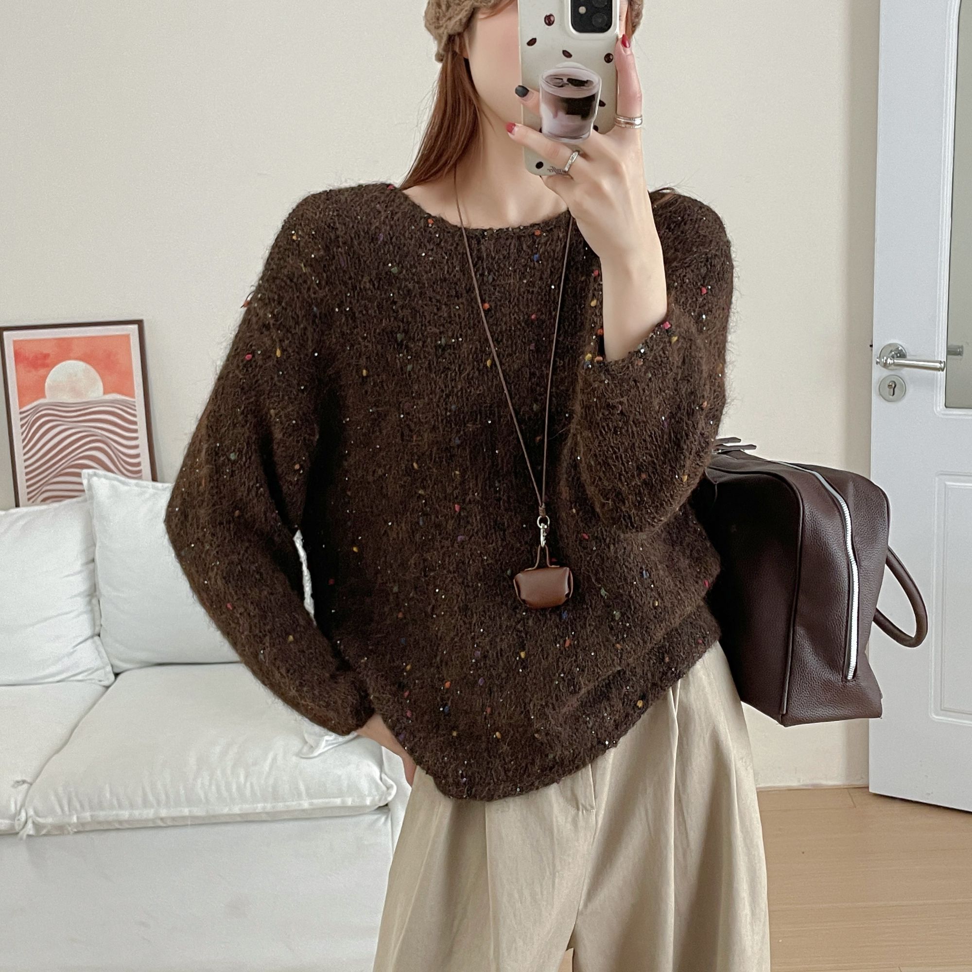 时尚彩色球球亮片卷边毛衣女秋冬季韩版一字领慵懒风针织衫