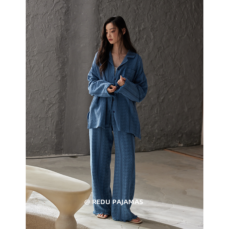 【多色】热妒纯棉睡衣女春秋长袖高级感纱布带胸垫可外穿家居套装