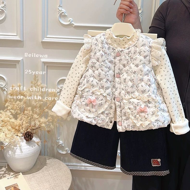 女童冬季加绒加厚马甲儿童休闲外穿碎花坎肩宝宝洋气内搭花边上衣
