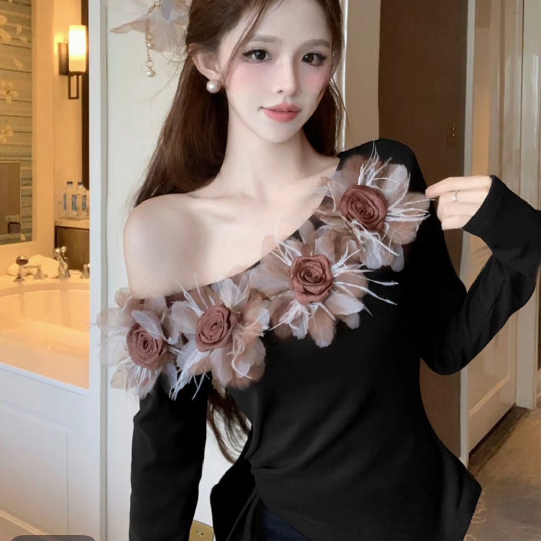 法式重工立体花朵毛斜肩一字领短修身显瘦绑带长袖T恤设计感