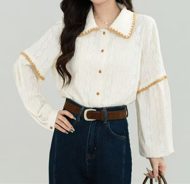 春秋季新款撞色拼接长袖衬衫女肌理感翻领宽松百搭上衣漂亮小衫女