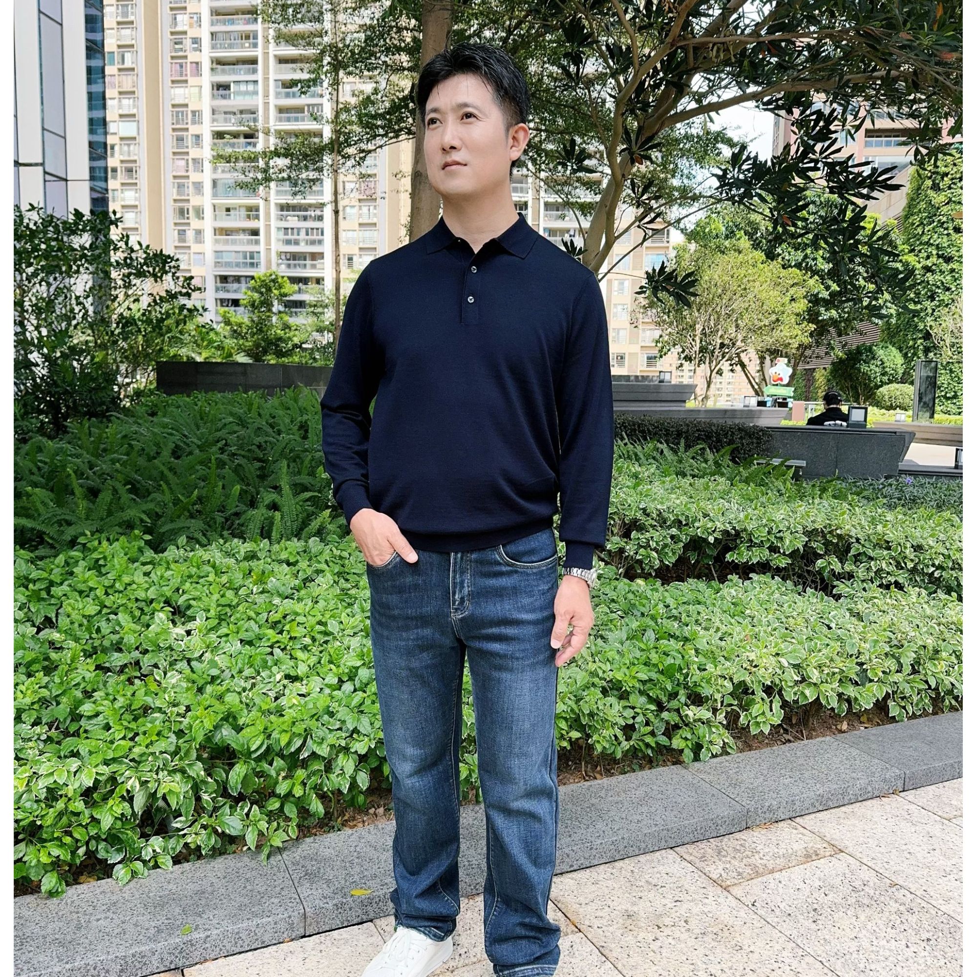 针织衫秋冬简约纯色毛衣秋冬季常规POLO领长袖男士100%纯绵羊衫