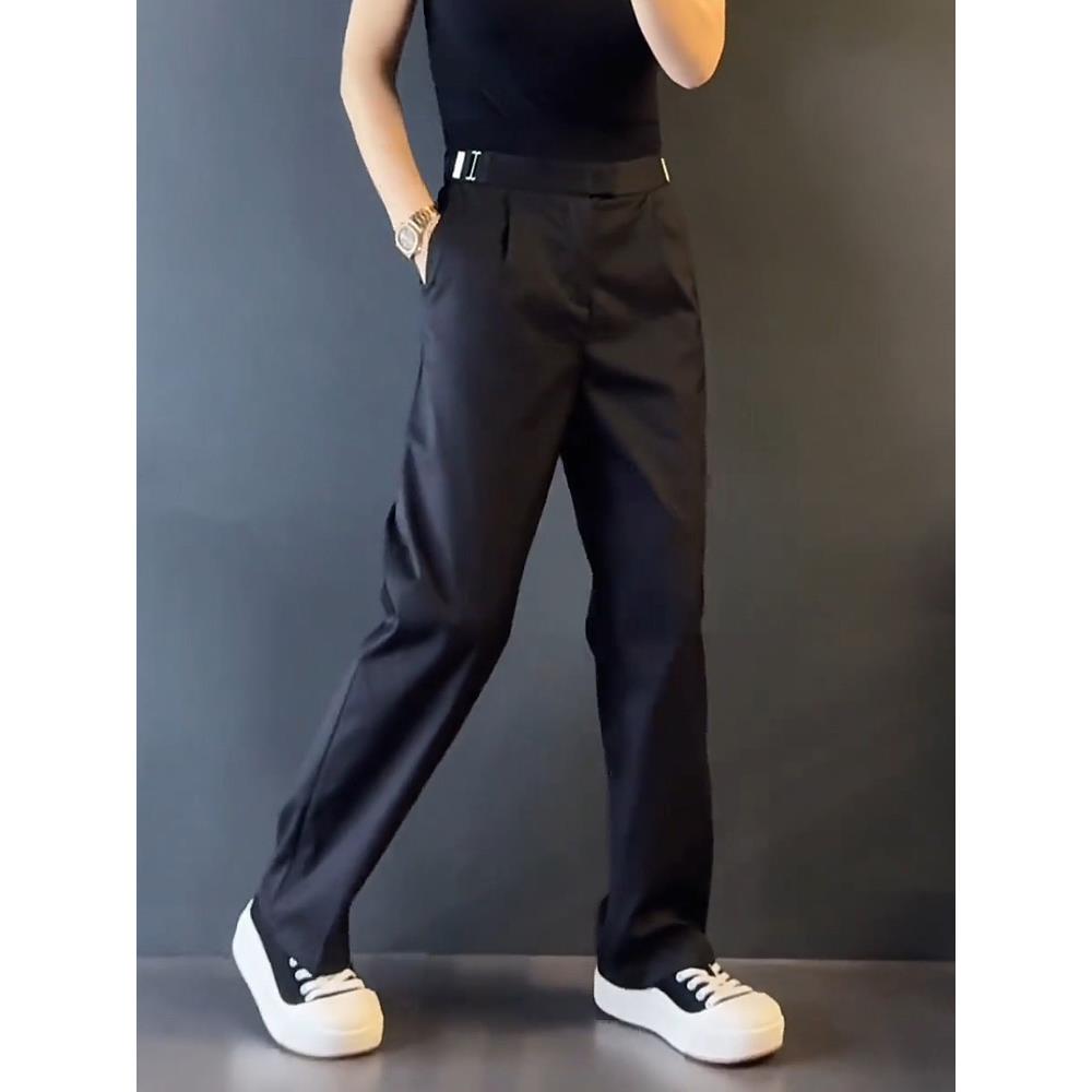 轻奢男装潮牌春秋男士黑色休闲裤时尚新款直筒西裤拉腰设计长裤潮