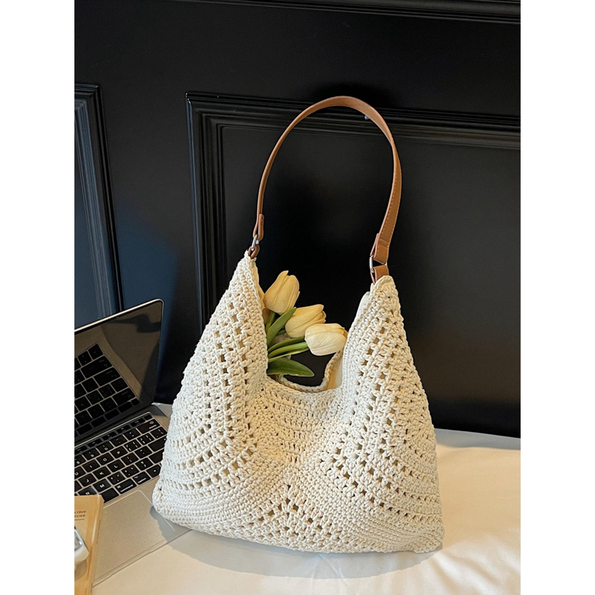 镂空棉线编织包女2025新款夏日海边度假沙滩包休闲通勤单肩托特包