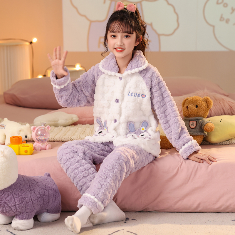 女童睡衣加厚加绒2025新款儿童女孩秋冬季保暖法兰绒亲子家居服