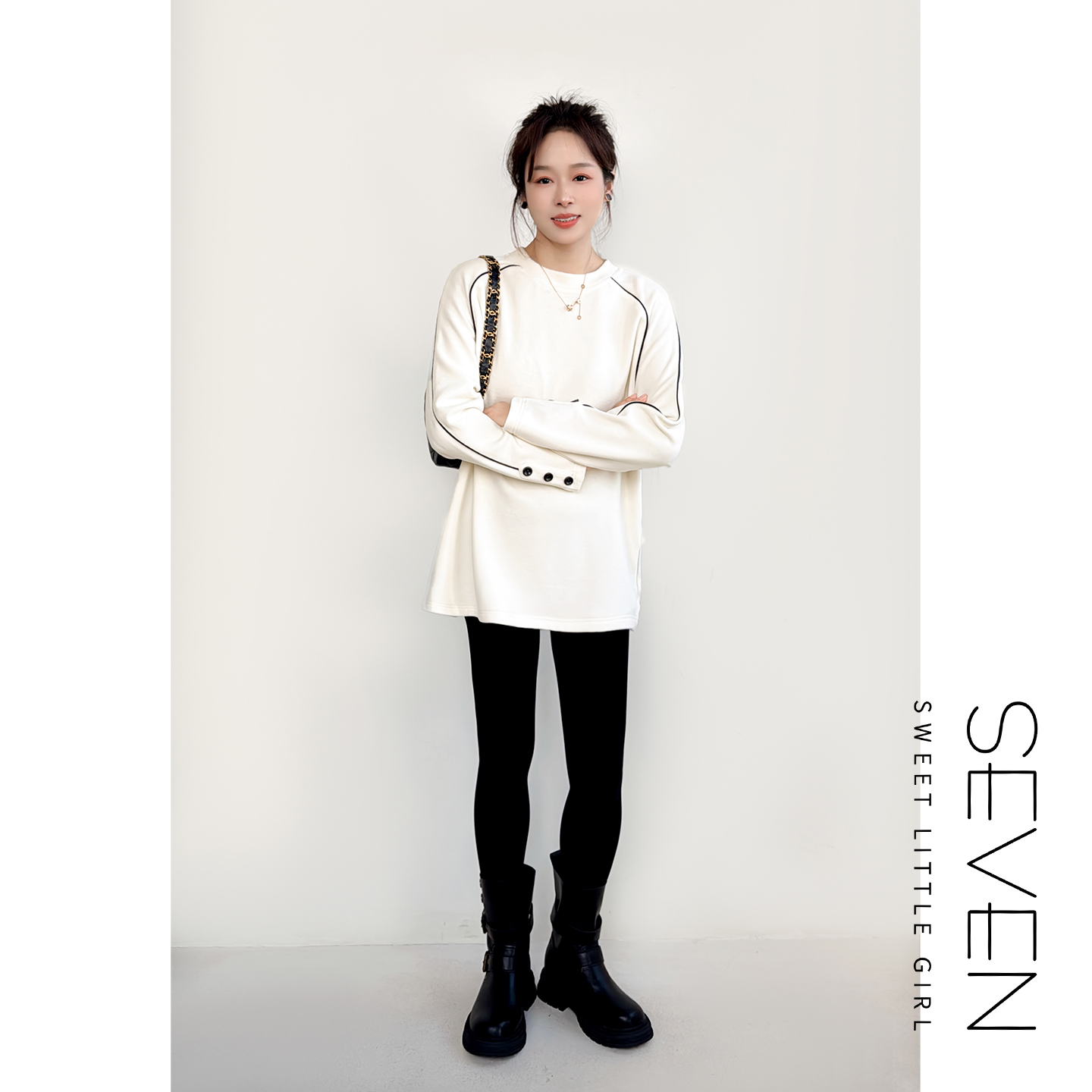 ⑧七七146小个子秋冬款保暖设计感纽扣双面德绒长袖T恤女装小美说