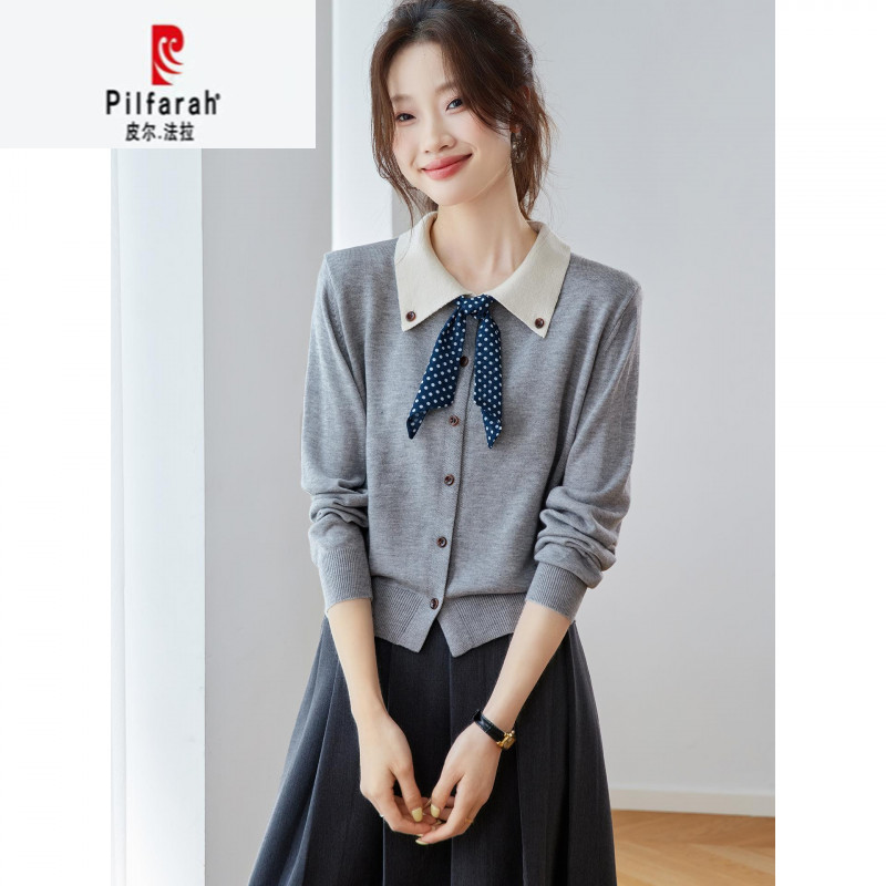 2025早秋新款拼色丝巾羊毛衫针织开衫女长袖薄羊绒