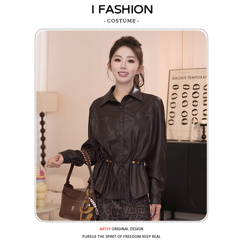 复古港风翻领皮衣外套女士2026年春秋新款收腰系带显瘦皮夹克上衣