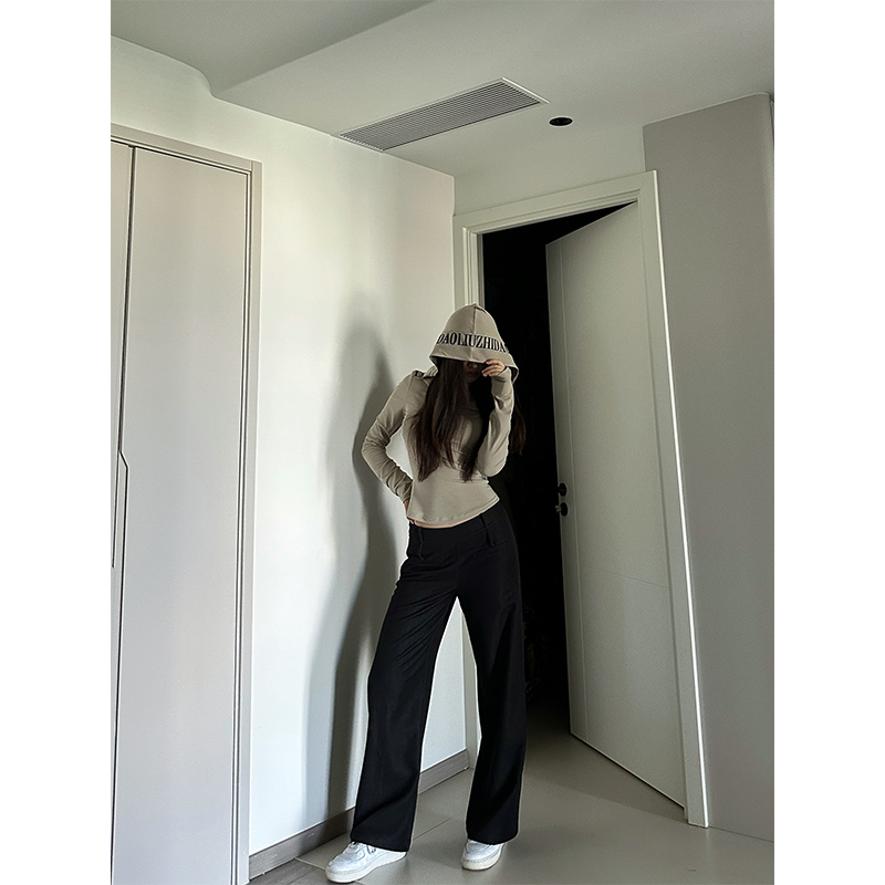 六指导 摩斯密码 美式复古低腰阔腿直筒裤女秋季显瘦通勤百搭长裤