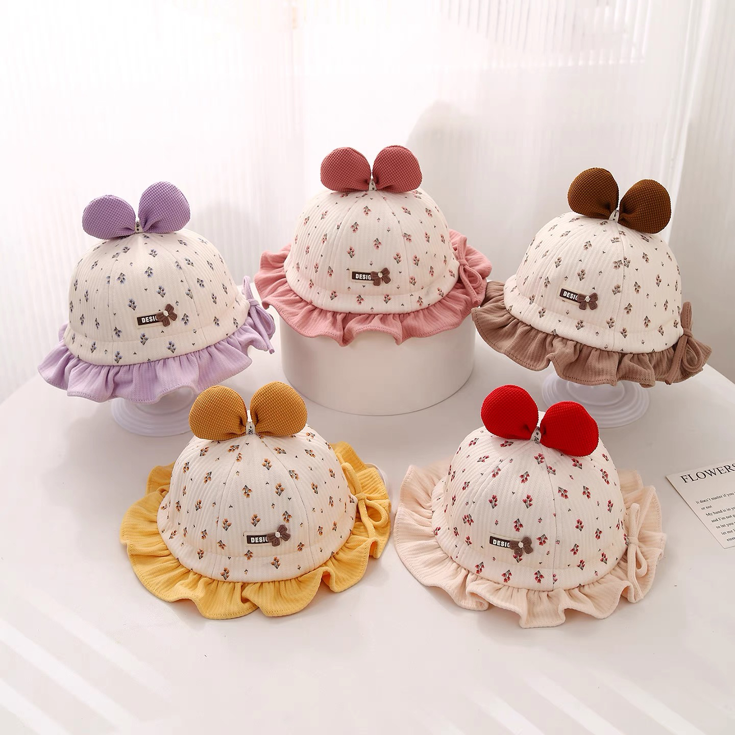 婴儿帽子春秋新款小月龄碎花渔夫帽春女宝宝防晒遮阳帽超萌可爱帽