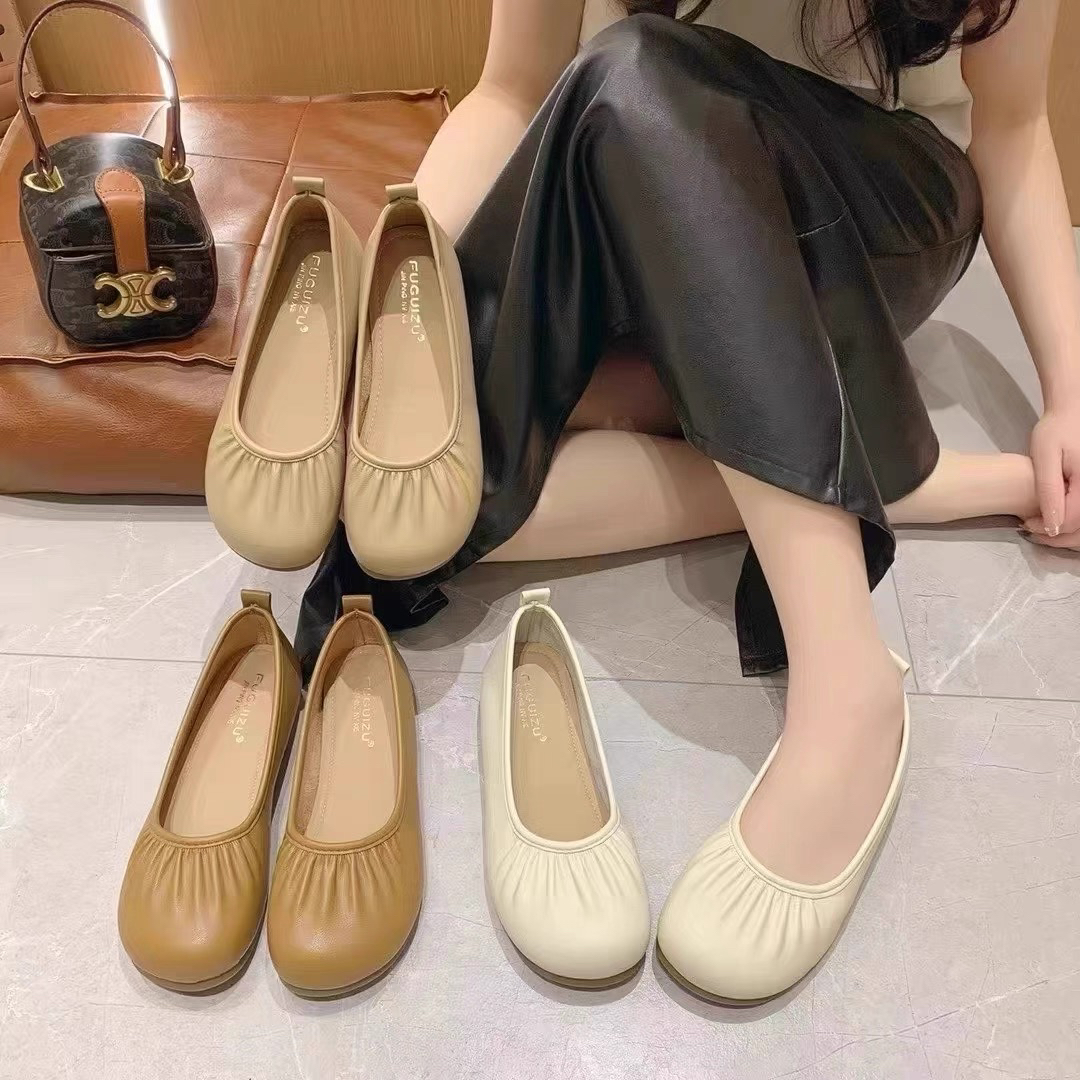 圆头平底褶皱单鞋女2025夏新款一脚蹬百搭配裙子奶奶鞋纯色豆豆鞋