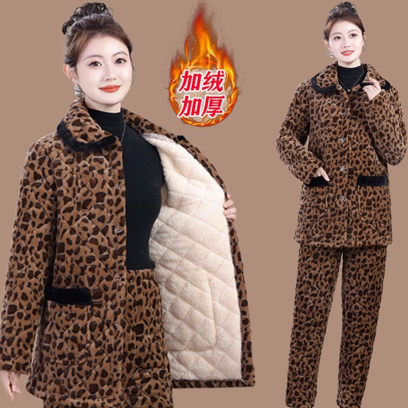 妈妈冬季加绒棉衣棉裤两件套洋气翻领棉袄女保暖加厚居家棉服套装