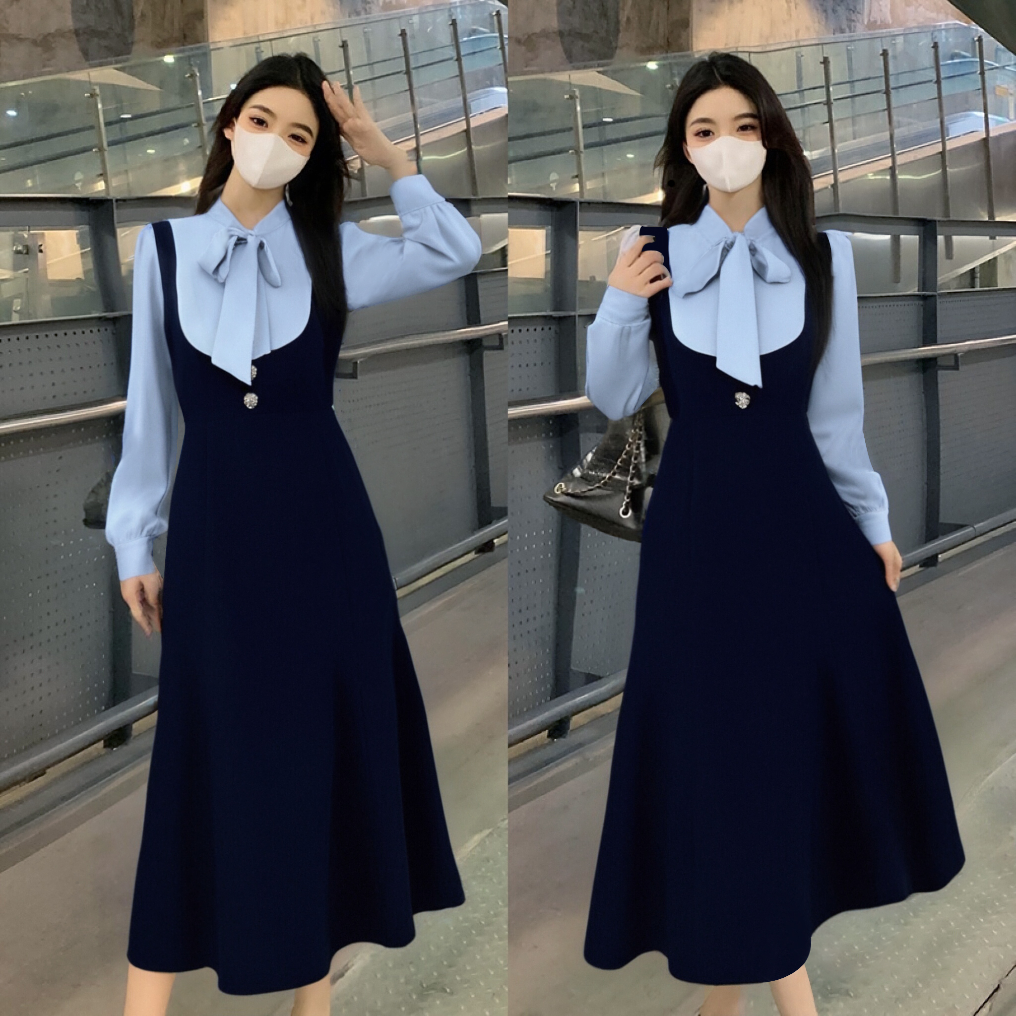 A春秋款名媛风飘带设计感假两件时尚气质显瘦鱼尾连衣裙女D3478