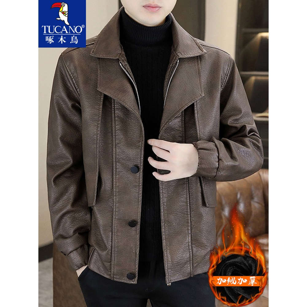 啄木鸟秋冬季新款皮衣设计感假两件男士加绒加厚韩版机车夹克外套