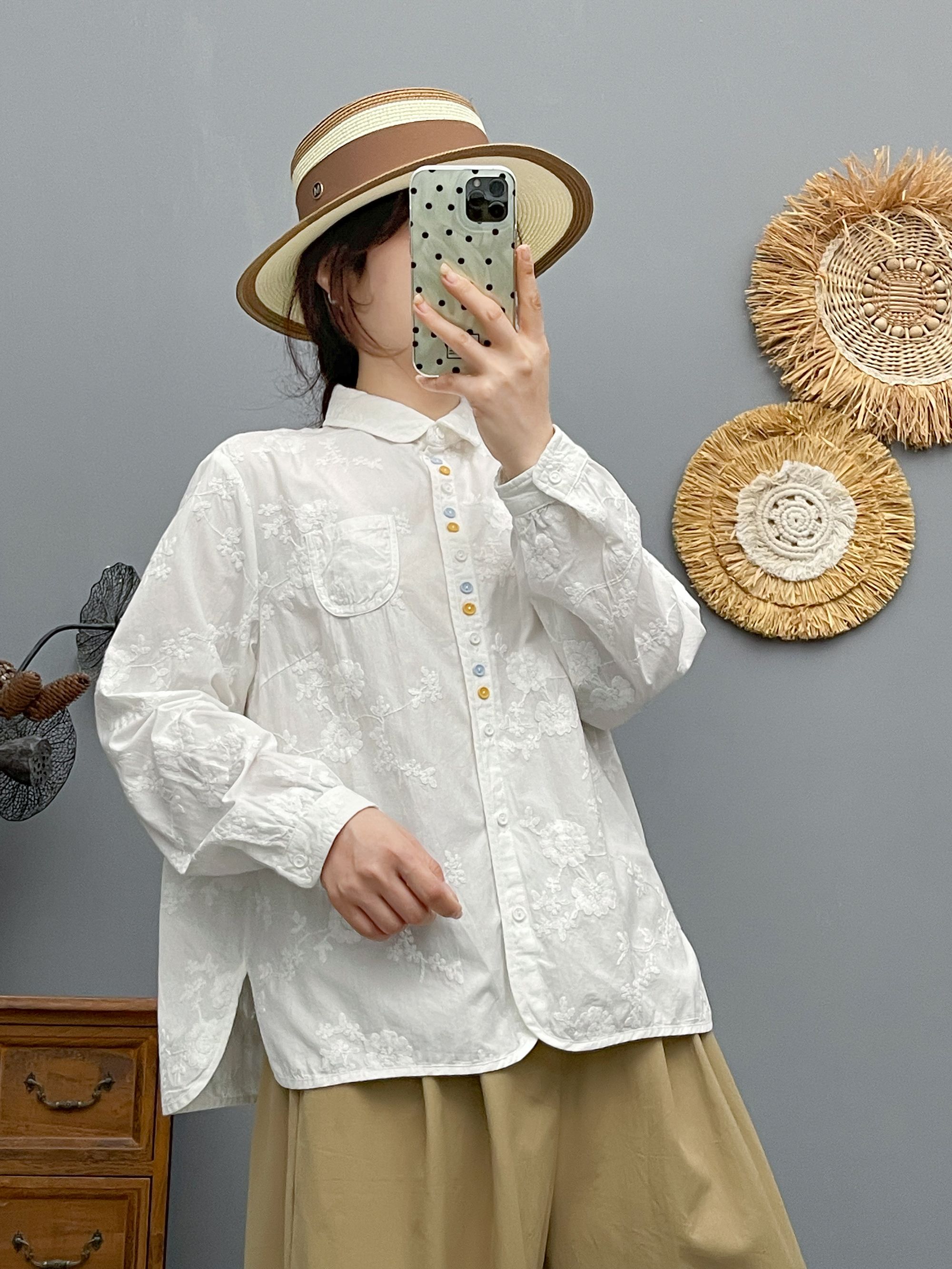 长袖提花常规印花翻领衬衫刺绣秋季新款时尚印染学院风宽松绣花