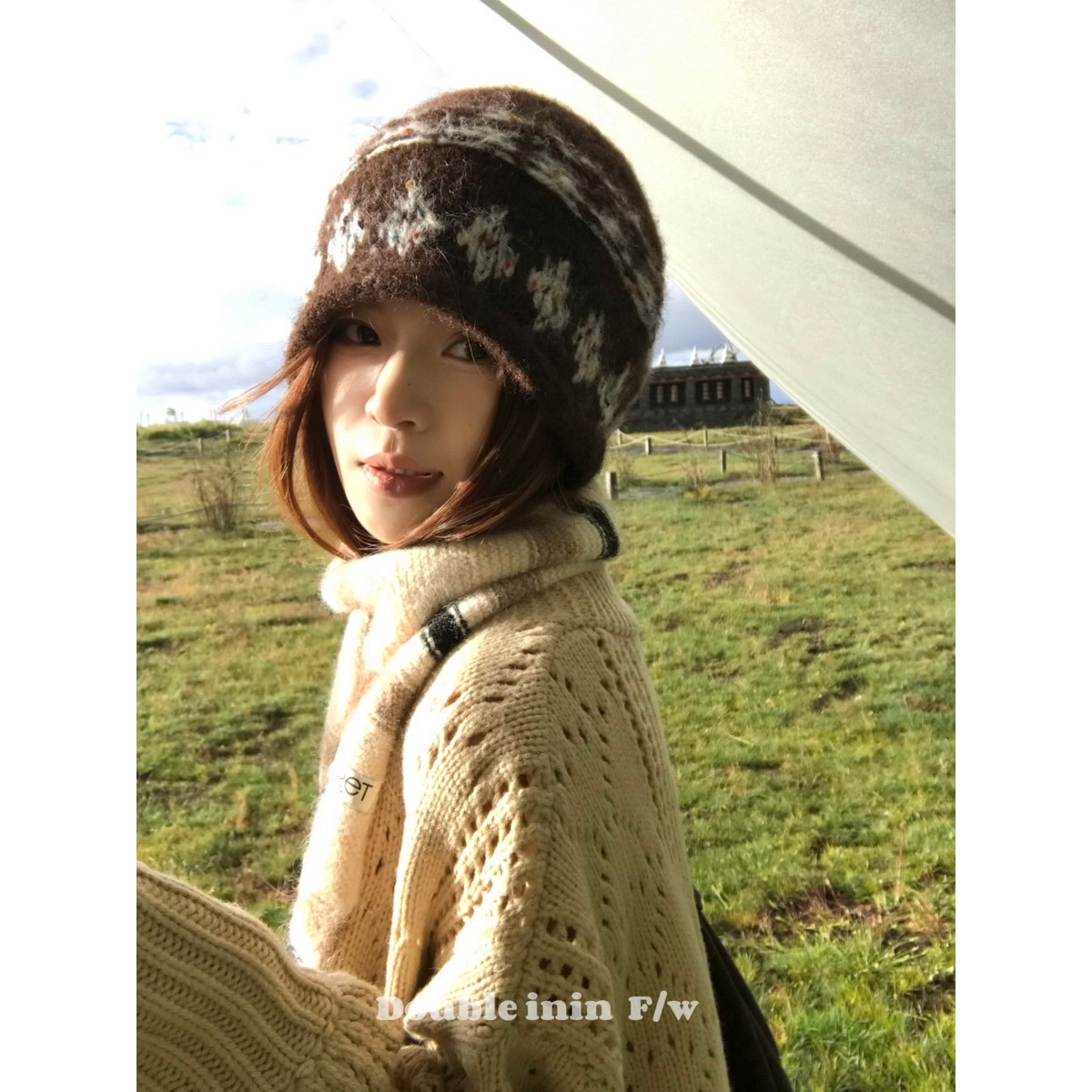 Double inin 含羊毛提花卷边费尔岛针织帽女秋冬保暖毛线冷帽