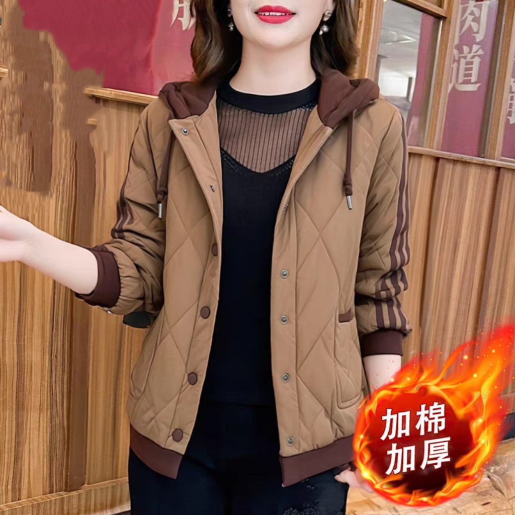 中老年妈妈装洋气菱格连帽棉服外套女2025冬季夹棉棉衣保暖棉袄子