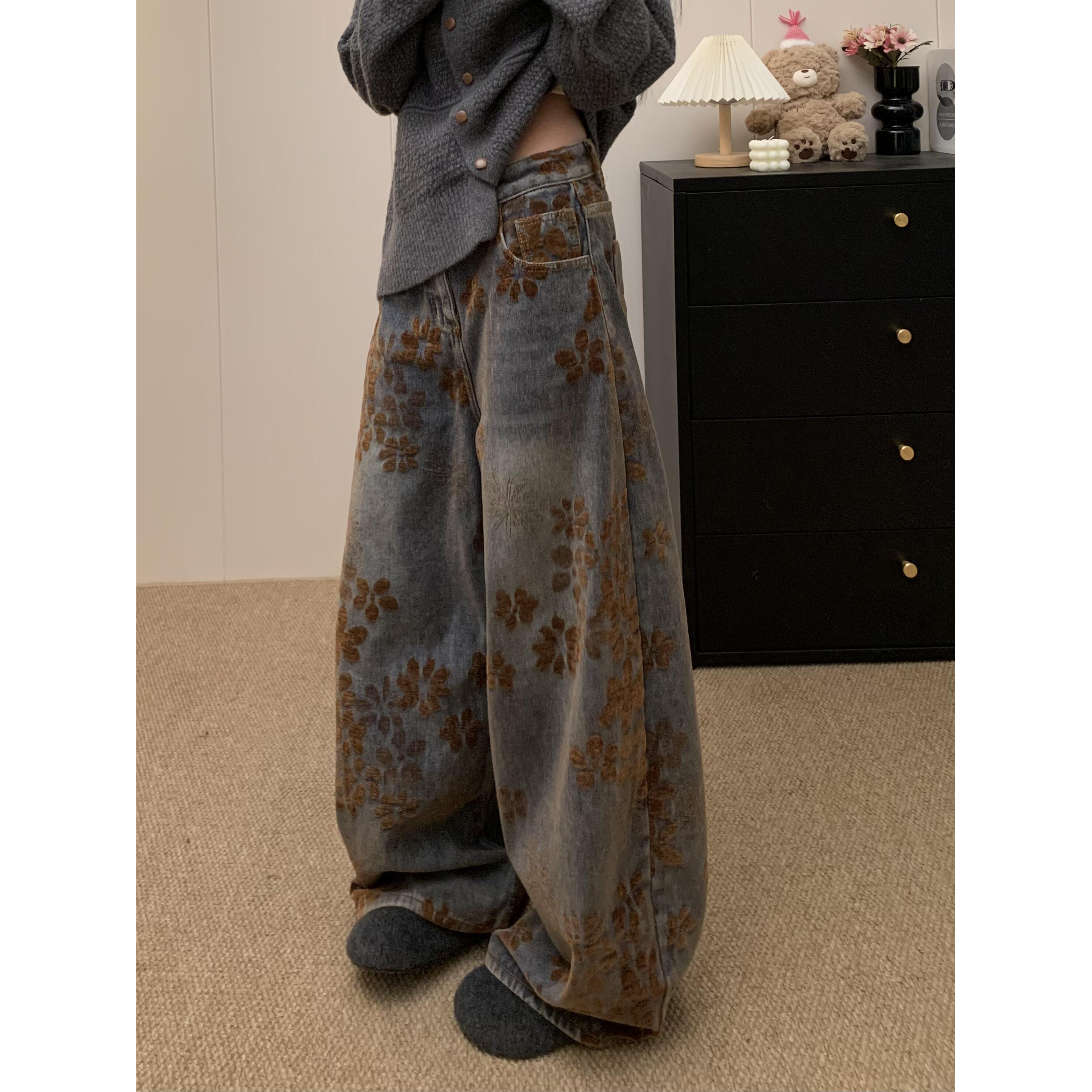 美式做旧满印提花宽松阔腿显瘦牛仔裤女秋冬复古水洗弯刀直筒裤子
