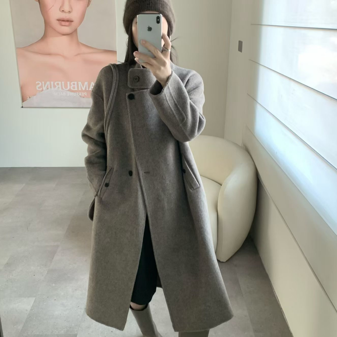 韩系高级感加厚羊毛呢宽松立领长款羊毛外套(配包包)(含100羊毛)