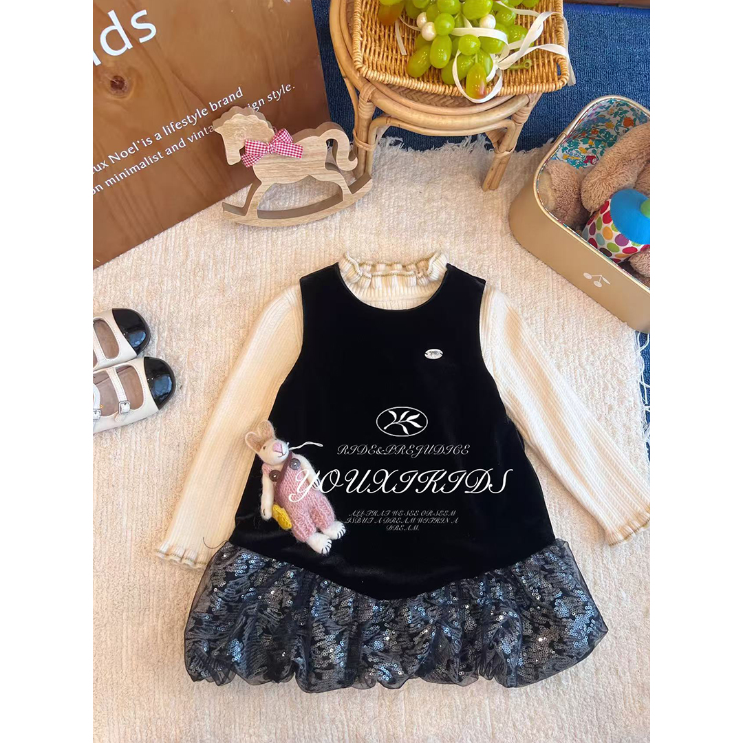 现飞飞家·星夜25秋冬亮晶晶丝绒高级感黑色洋气软纱背心裙FF2971